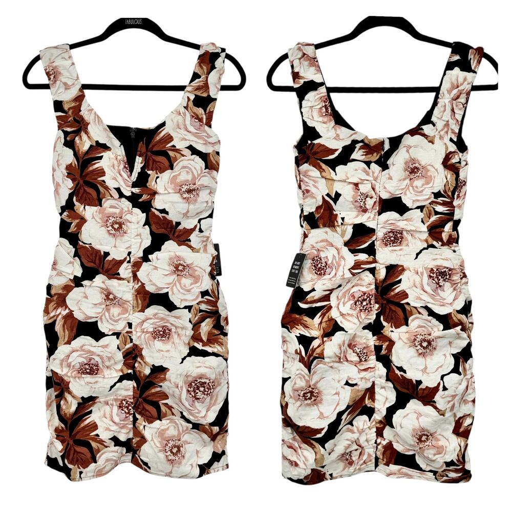 NWT Express Brown/Pink Floral Ruched Mini Dress Size XS Linen Blend Scoop Neck - Picture 7 of 13